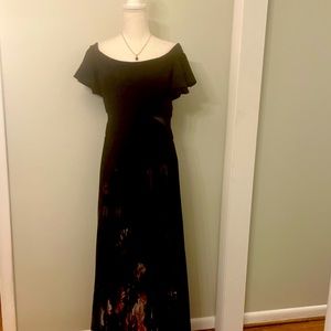Beautiful off the shoulder gown with pleated and lined chiffon skirt.